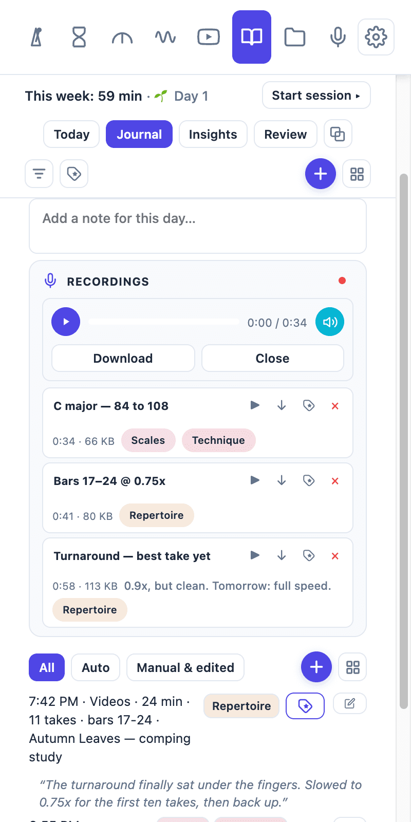 Tempo Kit's practice journal day view, with sessions, durations, and notes logged automatically