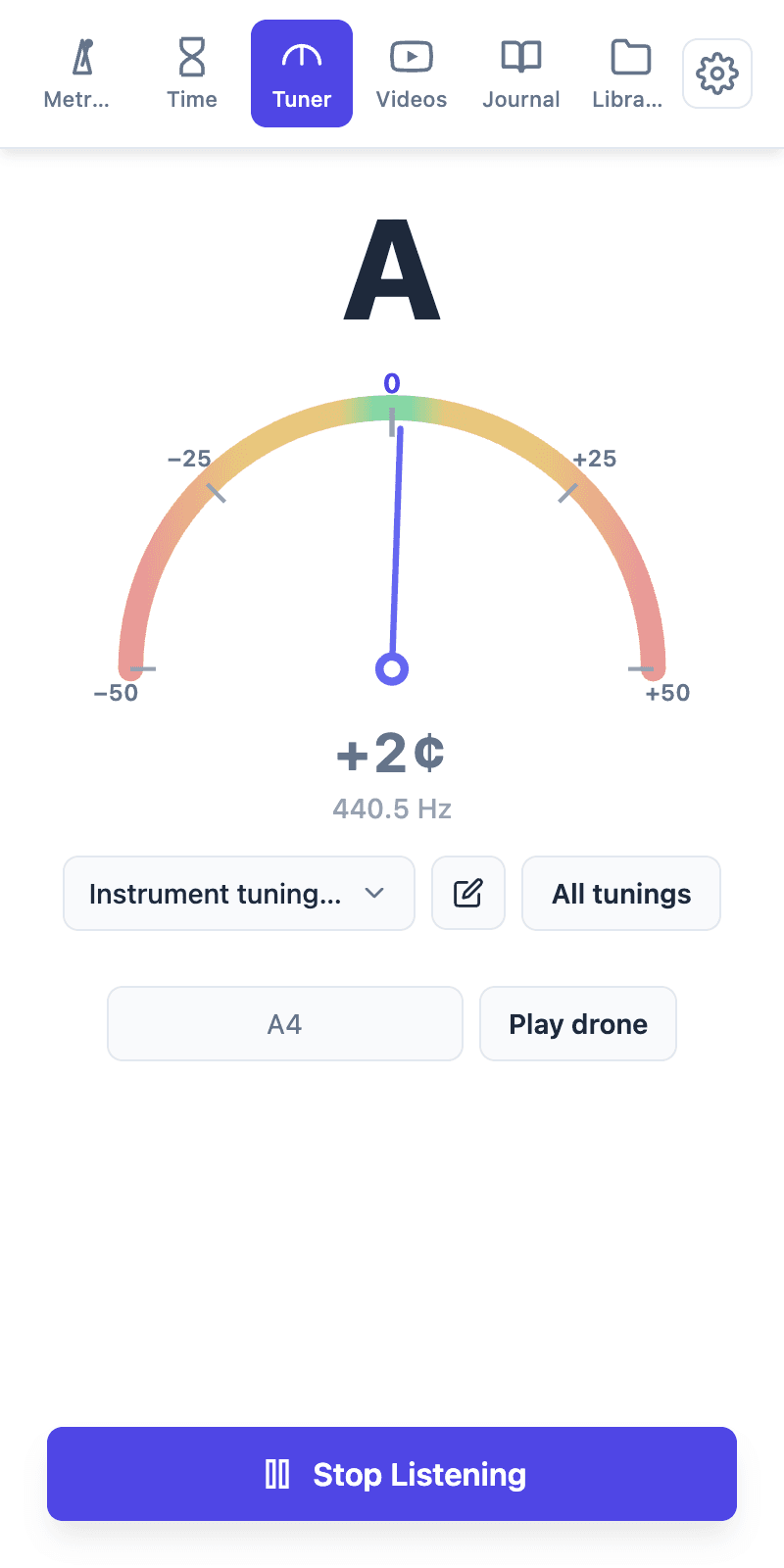 A tuner reading the note A at plus 2 cents and 440.5 Hz, with the needle just right of centre in the green zone