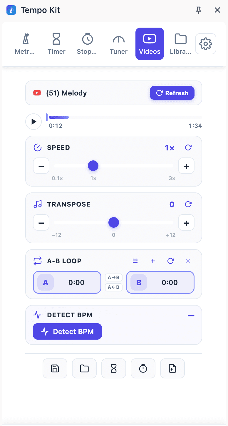 Tempo Kit YouTube practice controls