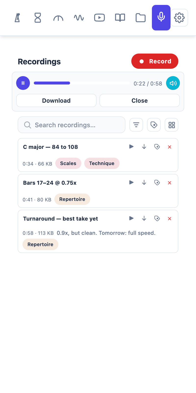 Tempo Kit's recordings tab, with dated practice takes saved alongside the session